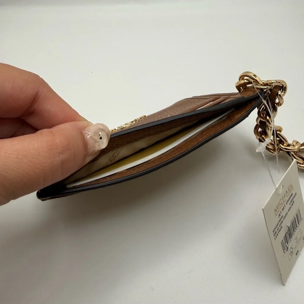 NWT Michael Kors Jet Set Charm Small ID Chain Card Holder Camel Pebbled Leather